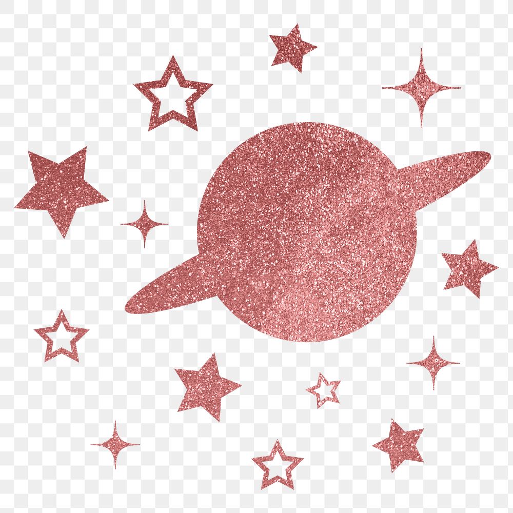 Aesthetic Saturn clipart, glittery stars in pink, transparent background