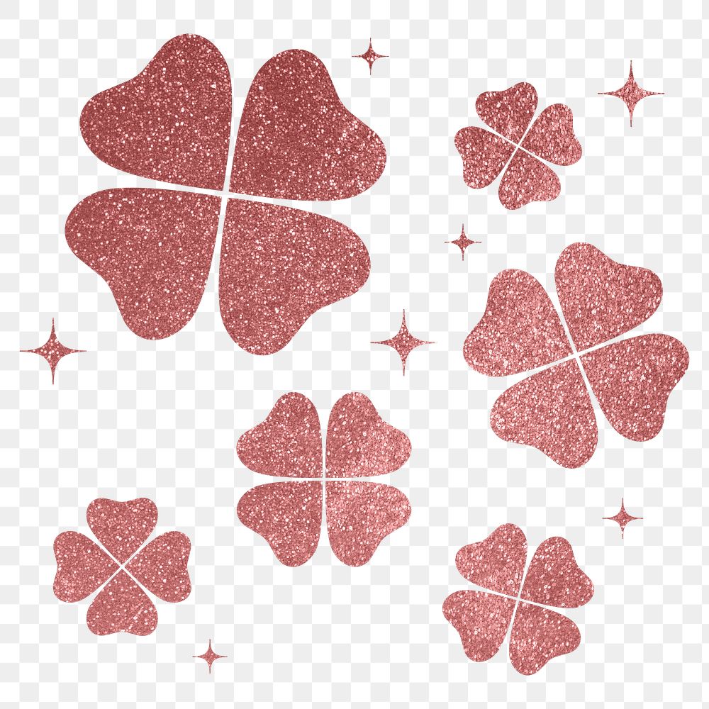 Sparkly clover png leaves sticker, pink aesthetic botanical illustration, transparent background