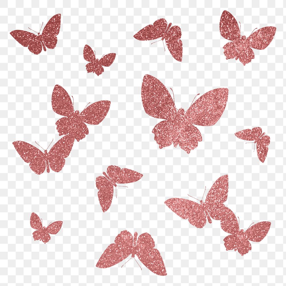 Pink butterflies png sticker, glittery aesthetic silhouette on transparent background