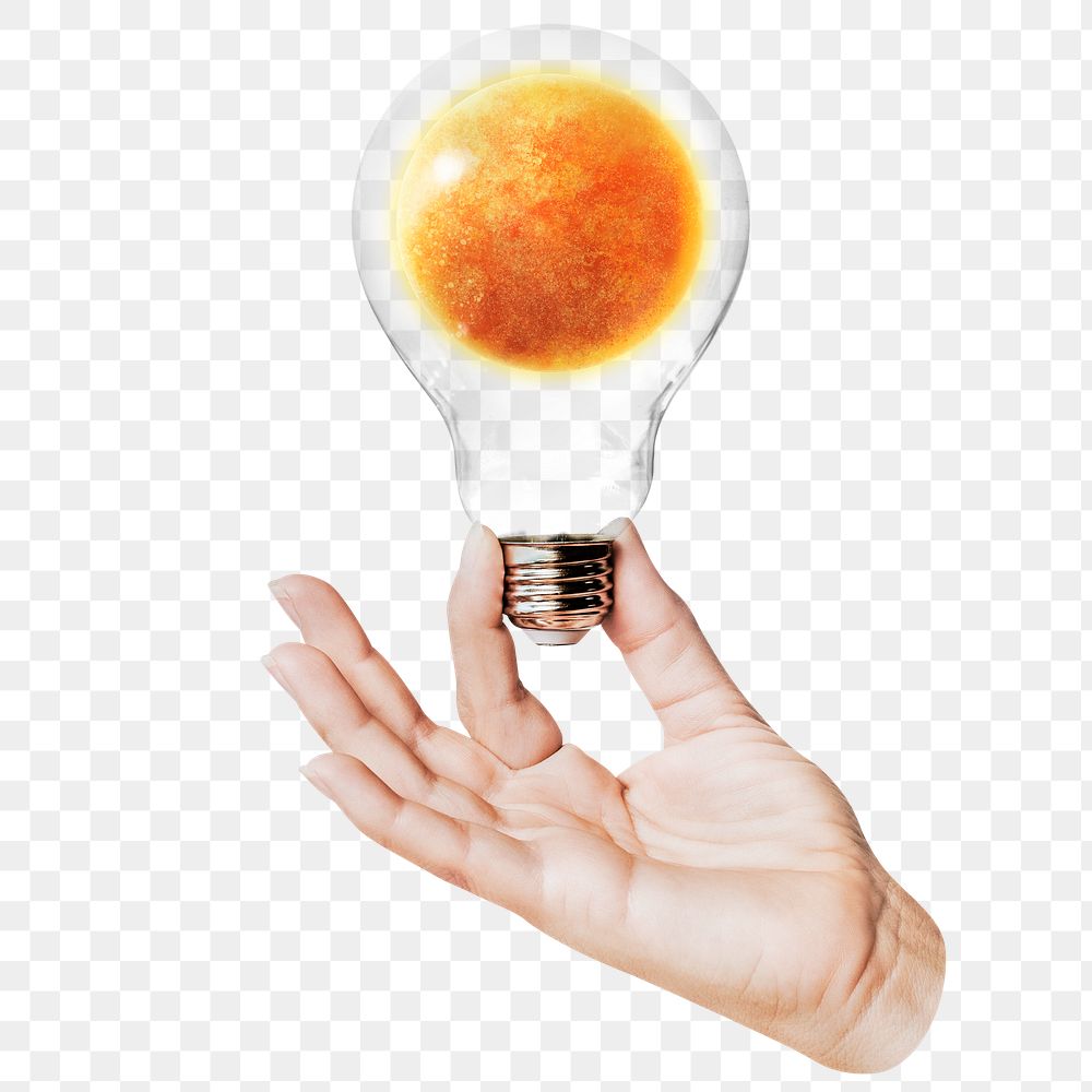 Sun planet png sticker, hand holding light bulb in galaxy concept, transparent background