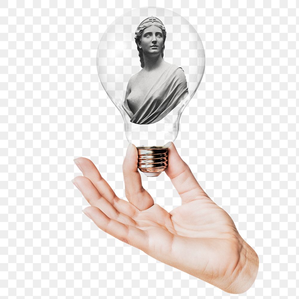 Artemis goddess png statue sticker, hand holding light bulb in Greek mythology concept, transparent background