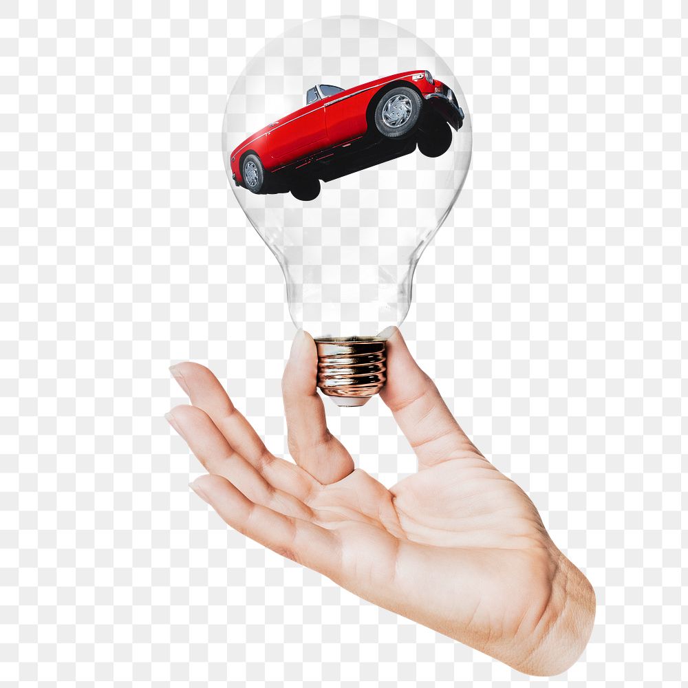 Classic car png sticker, hand holding light bulb in vintage vehicle concept, transparent background