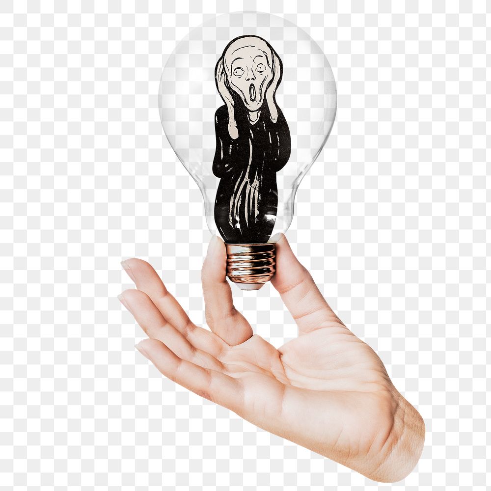 The Scream png sticker, hand holding light bulb, Edvard Munch's famous artwork concept, transparent background, remixed by…