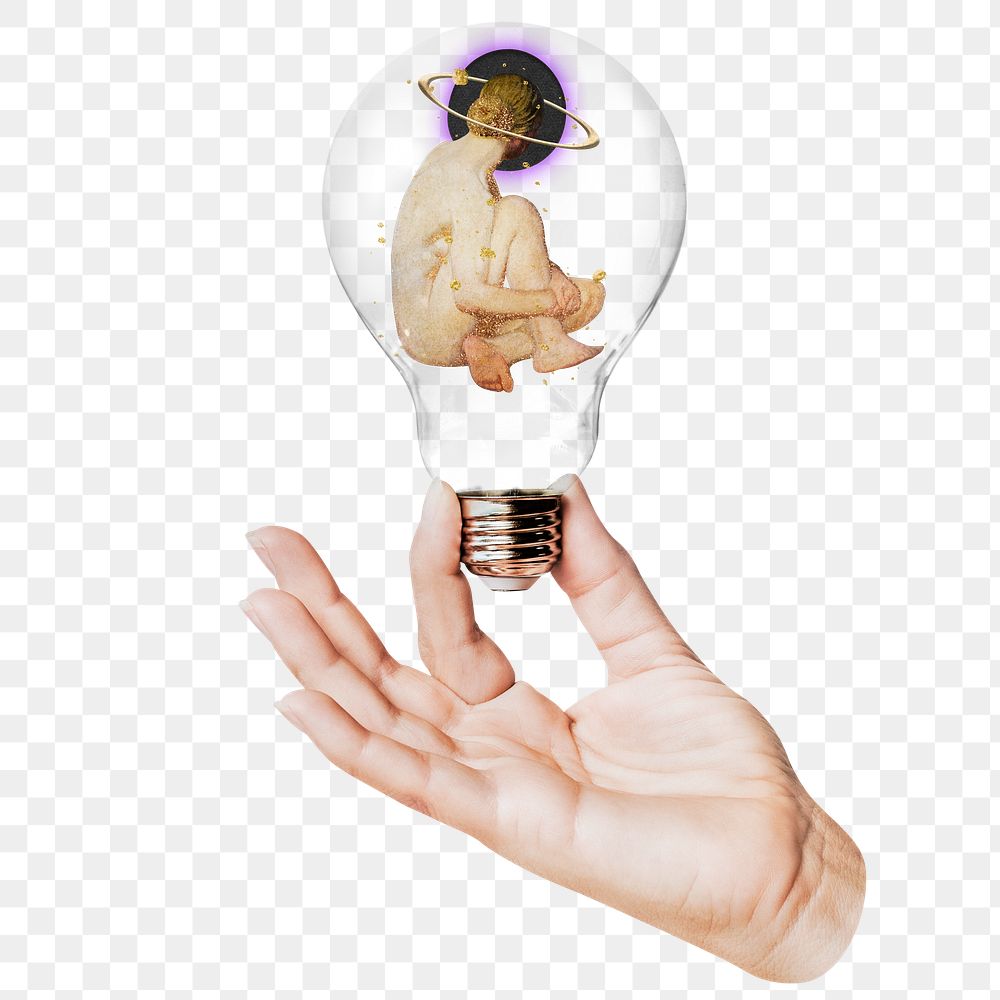 Naked woman png with halo sticker, hand holding light bulb in ethereal concept, transparent background