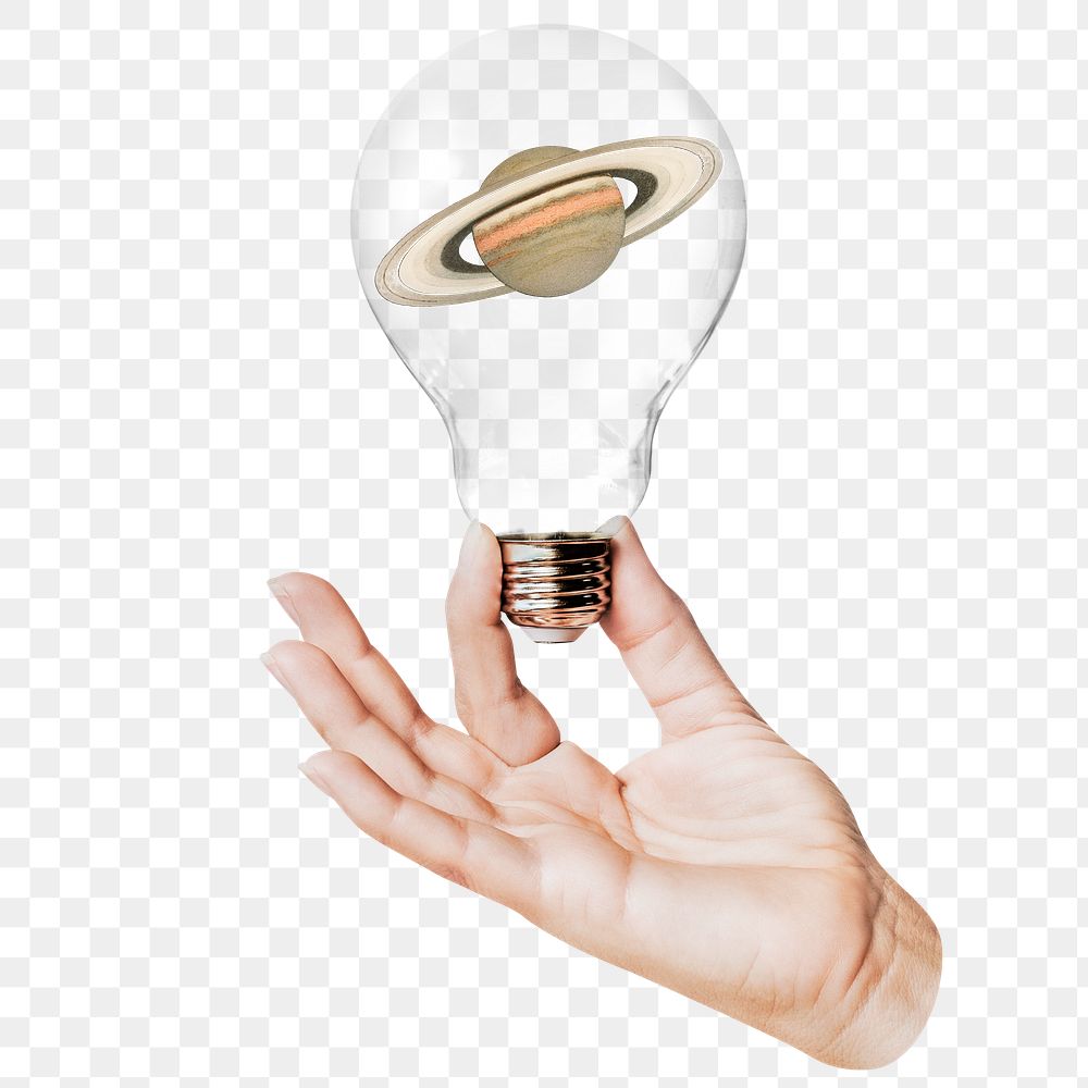 Saturn planet png sticker, hand holding light bulb in galaxy concept, transparent background