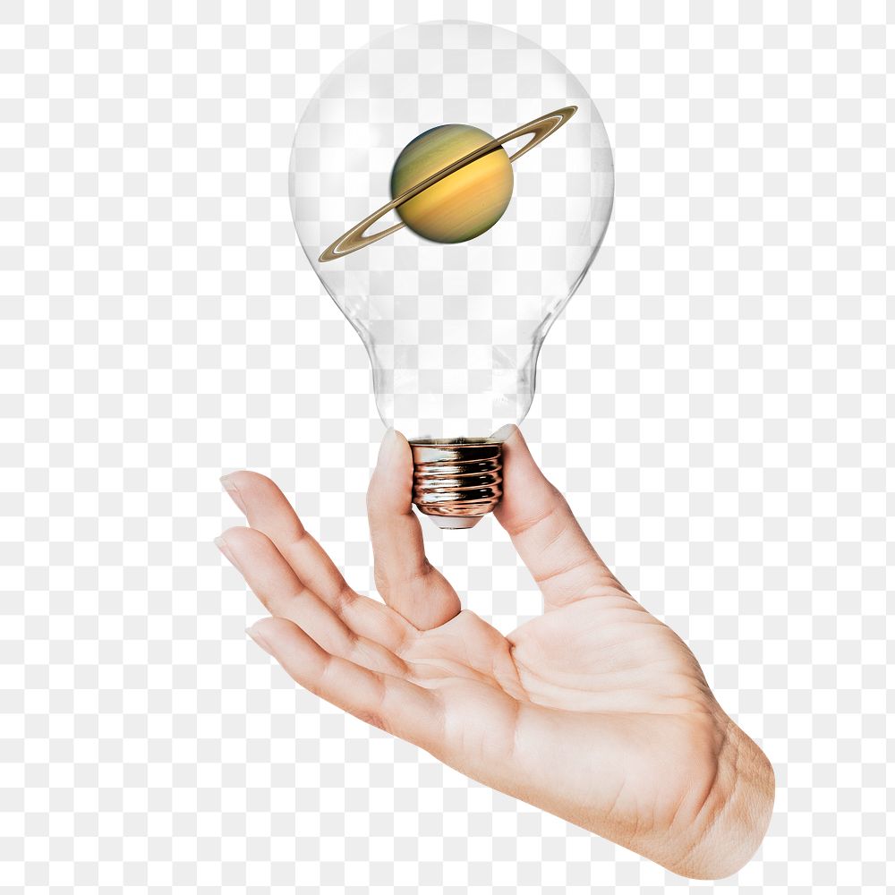 Saturn planet png sticker, hand holding light bulb in galaxy concept, transparent background