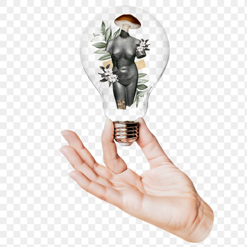 Floral nude png woman sculpture sticker, hand holding light bulb in aesthetic concept, transparent background