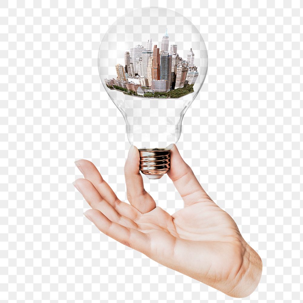 Cityscape png sticker, hand holding light bulb in city concept, transparent background