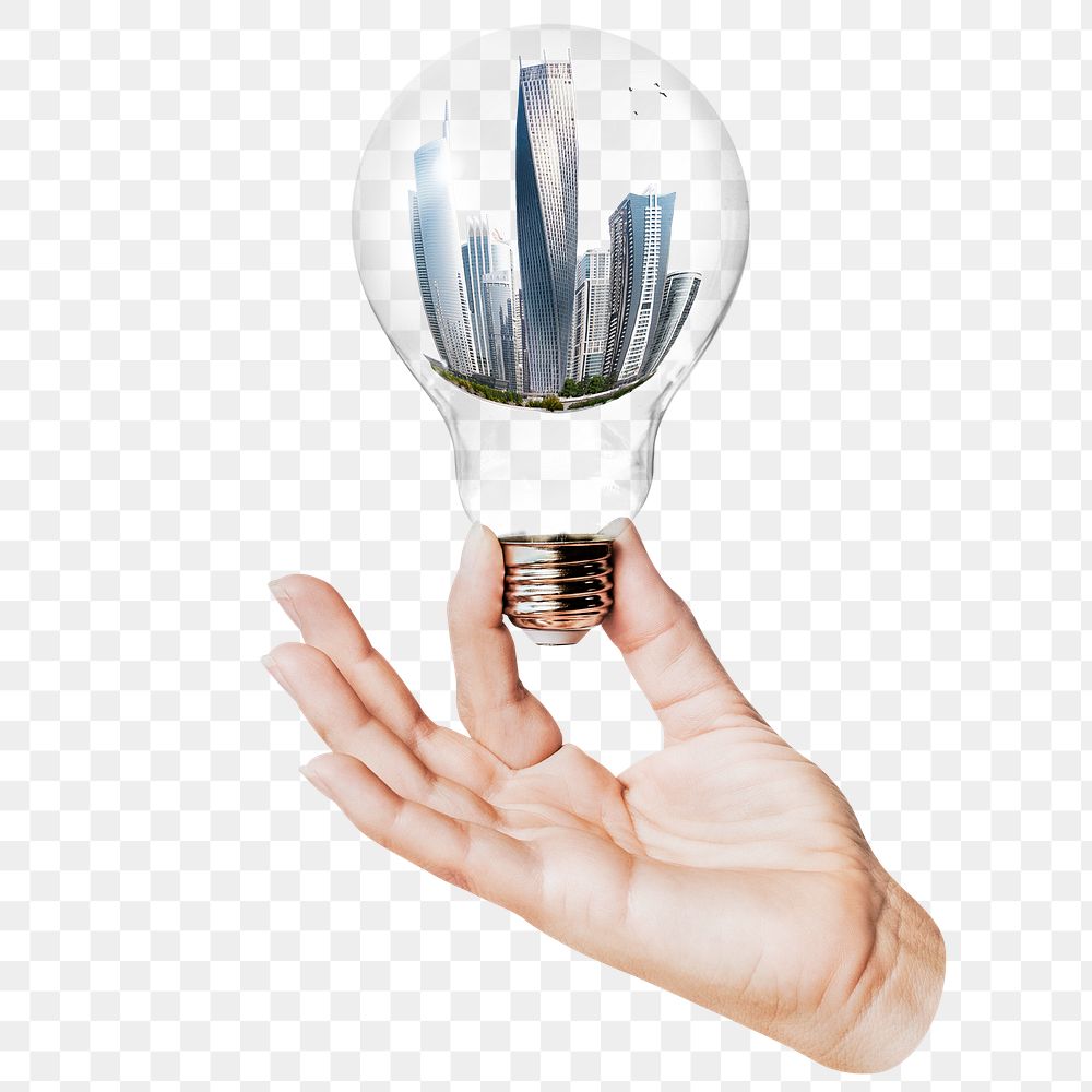 Cityscape png sticker, hand holding light bulb in city concept, transparent background