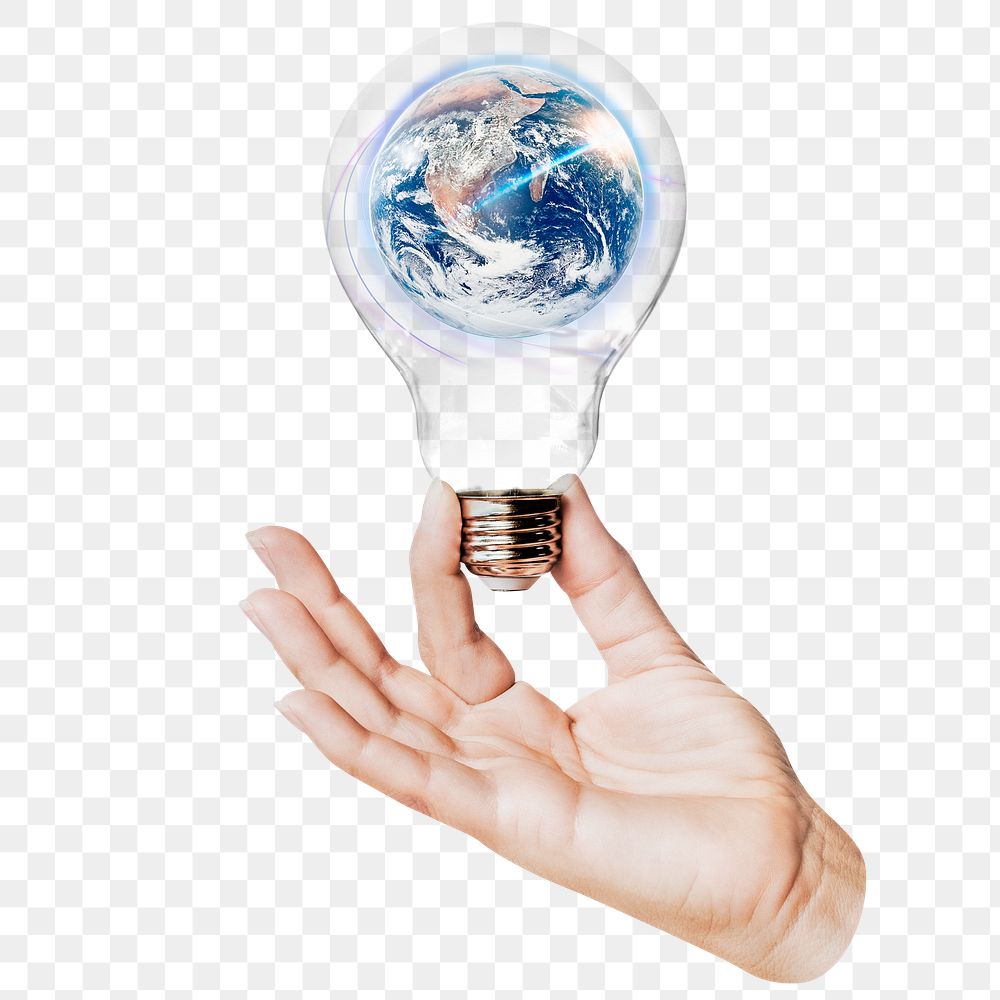 Planet Earth png sticker, hand holding light bulb in environment concept, transparent background