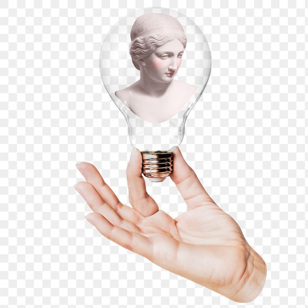Greek goddess png statue sticker, hand holding light bulb in mythology concept, transparent background