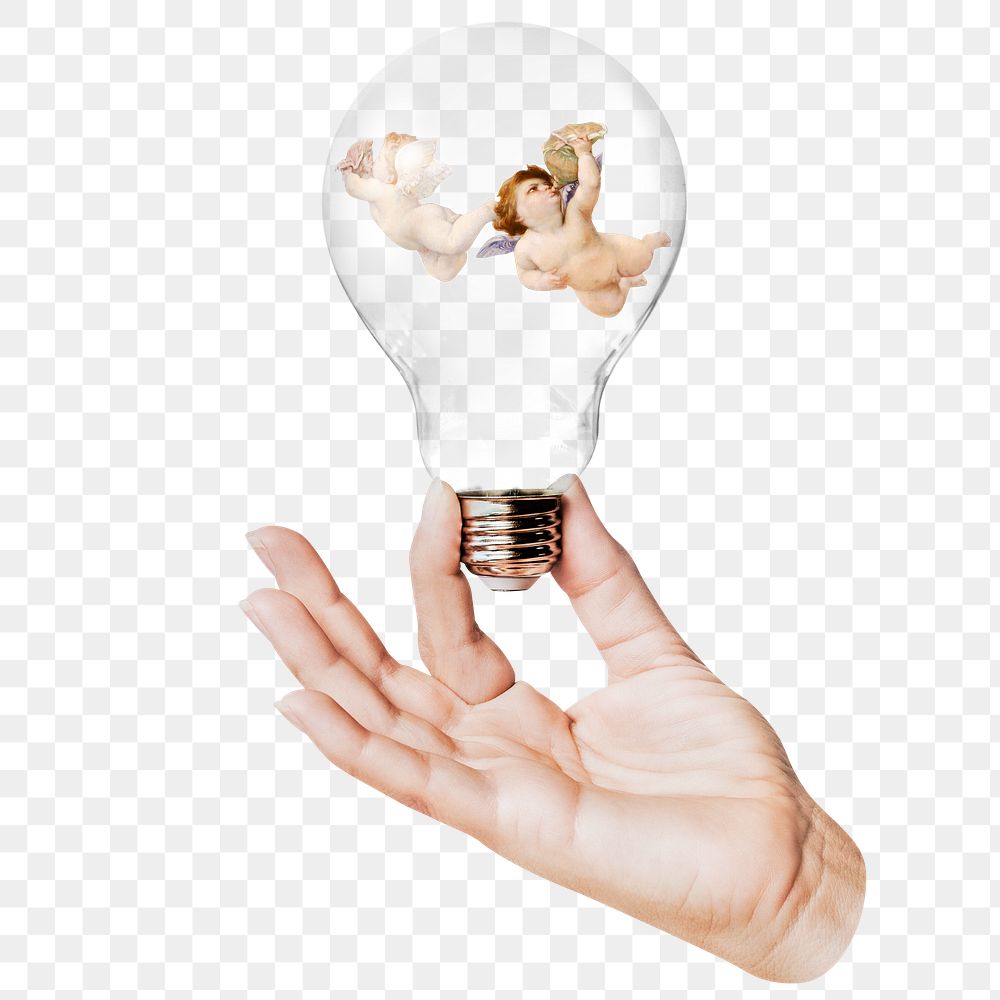 Flying cherubs png sticker, hand holding light bulb in religious concept, transparent background