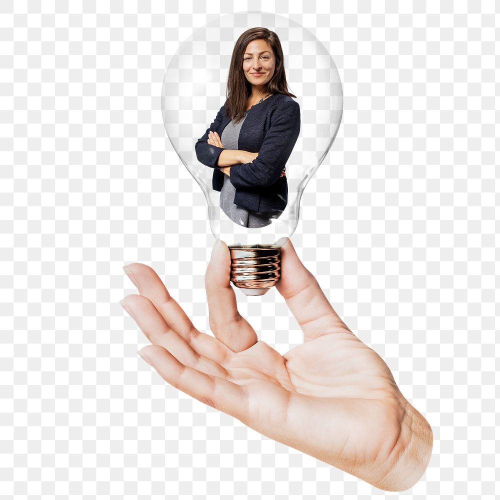 Confident businesswoman png sticker, hand holding light bulb in women empowerment concept, transparent background