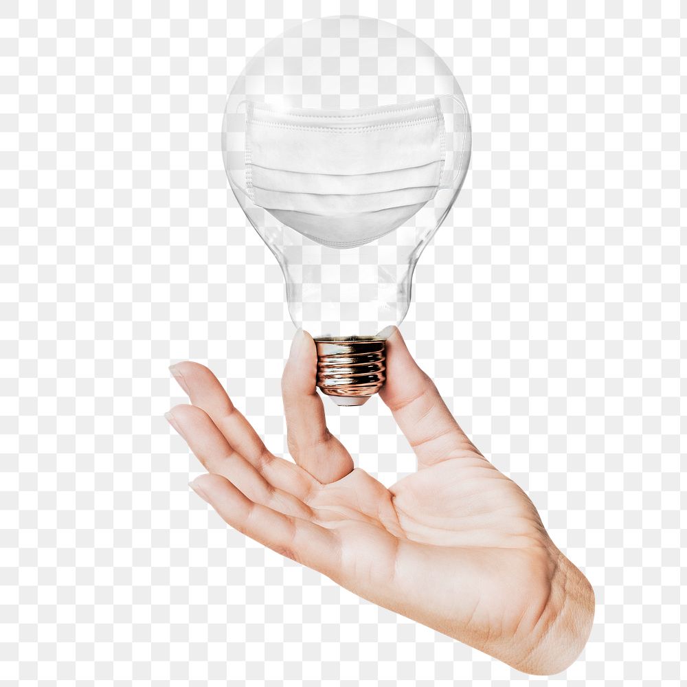 Face mask png sticker, hand holding light bulb in COVID-19 concept, transparent background