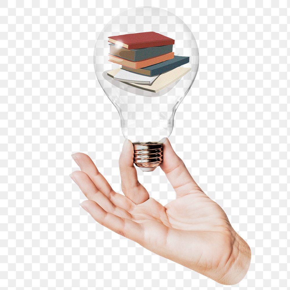 Stacked books png sticker, hand holding light bulb in education concept, transparent background