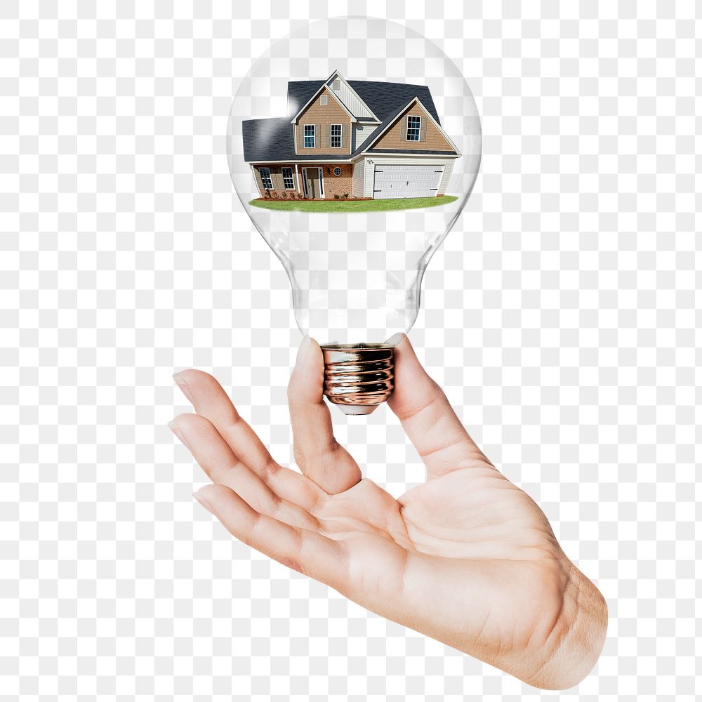 House model png sticker, hand holding light bulb in real estate concept, transparent background