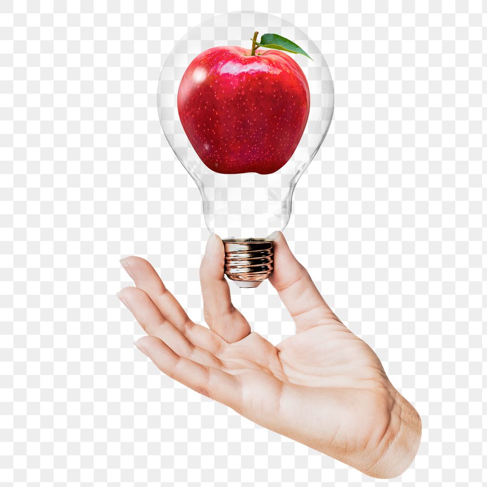 Red apple png sticker, hand holding light bulb in health & wellness concept, transparent background