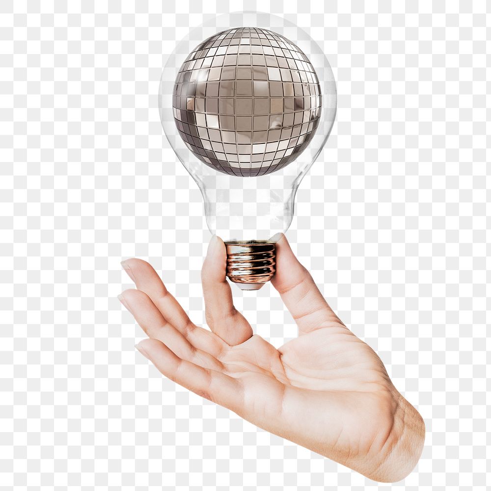 Disco ball png sticker, hand holding light bulb in party, celebration concept, transparent background