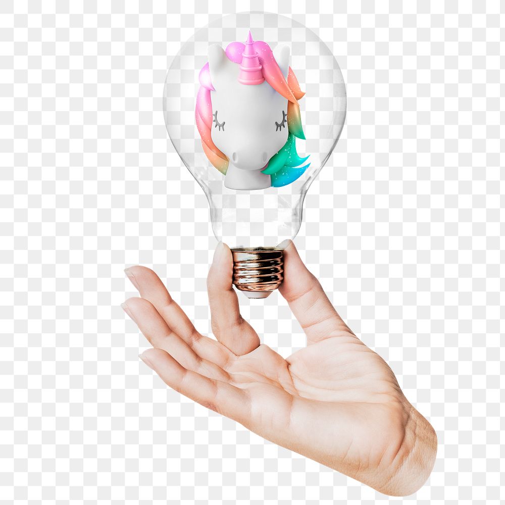 3D unicorn png head sticker, hand holding light bulb in startup business concept, transparent background