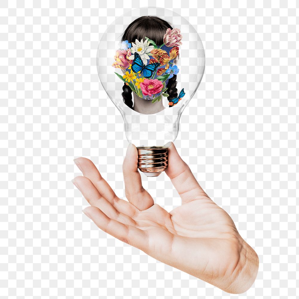 Woman floral png portrait, surreal collage sticker, hand holding light bulb in aesthetic concept, transparent background