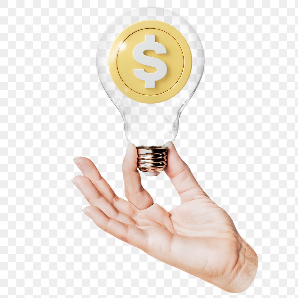 Dollar sign png sticker, hand holding light bulb in currency exchange concept, transparent background