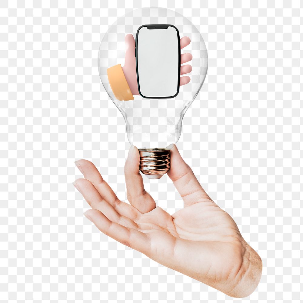 Png 3D hand holding phone sticker, light bulb in social media concept, transparent background