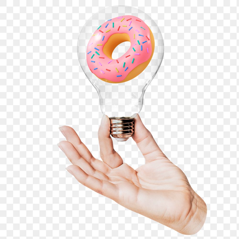 Donut png sticker, hand holding light bulb in dessert concept, transparent background
