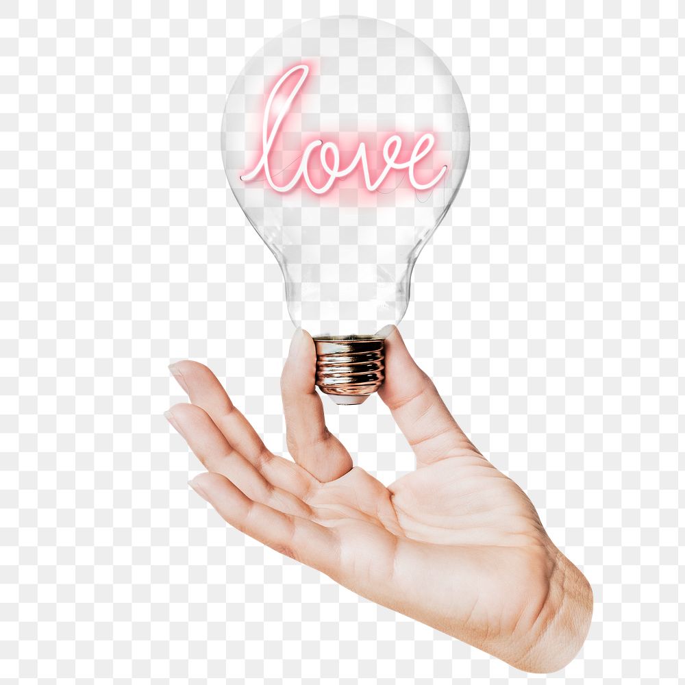 Love typography png neon sticker, hand holding light bulb in Valentine's concept, transparent background