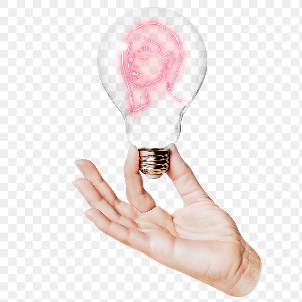 Neon woman png portrait sticker, hand holding light bulb in women empowerment concept, transparent background