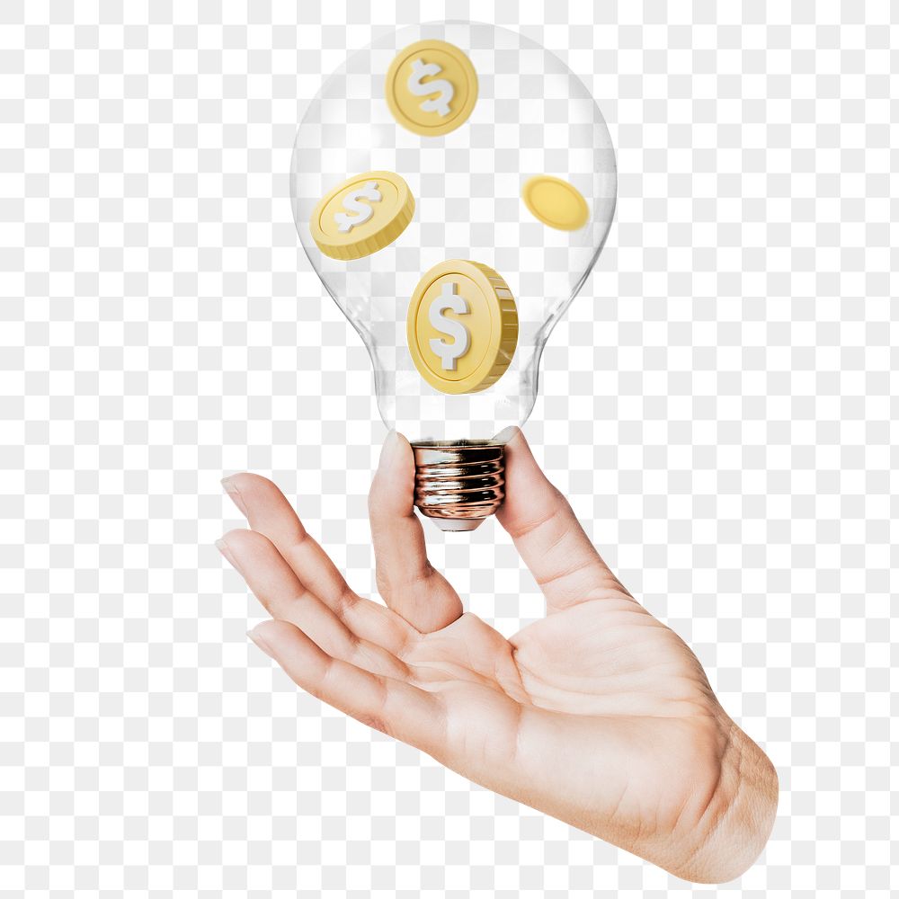 Falling coins png sticker, hand holding light bulb in finance, money concept, transparent background