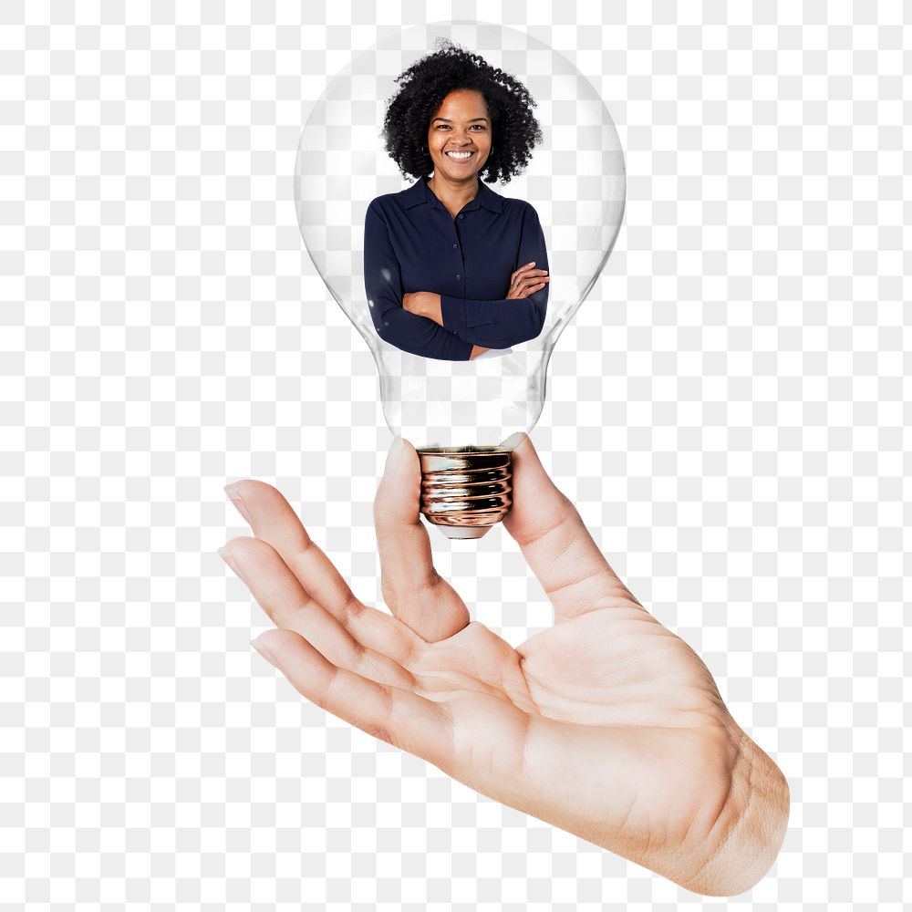 African American png businesswoman sticker, hand holding light bulb in women in business concept, transparent background