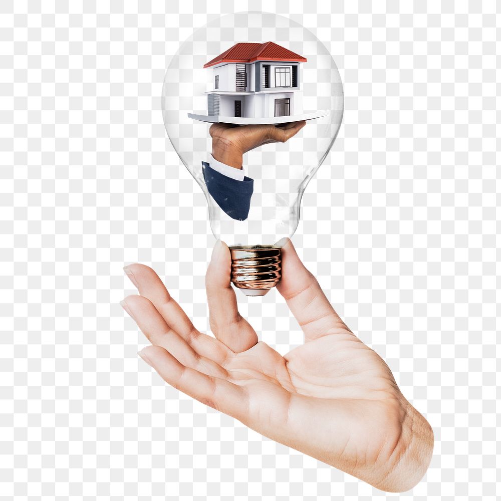 House model png sticker, hand holding light bulb in real estate, mortgage concept, transparent background