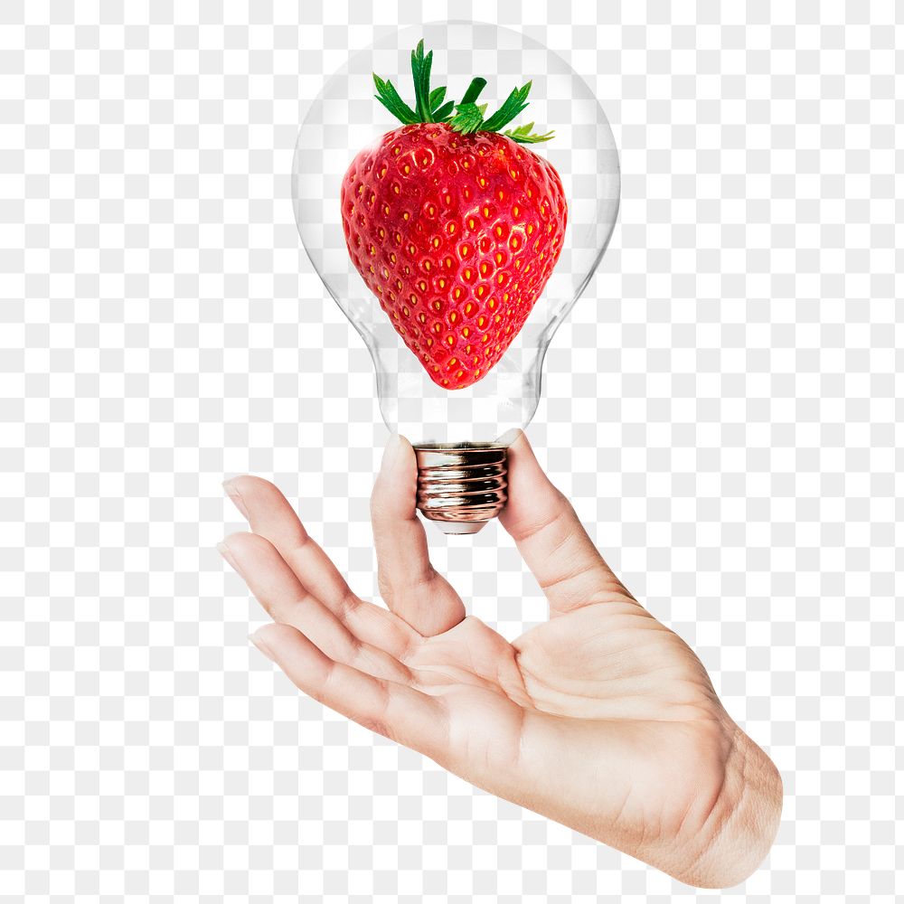 Strawberry fruit png sticker, hand holding light bulb in health & wellness concept, transparent background