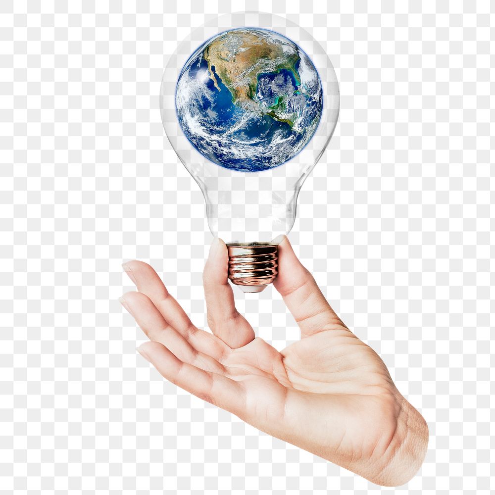 Earth, globe png sticker, hand holding light bulb in environment concept, transparent background