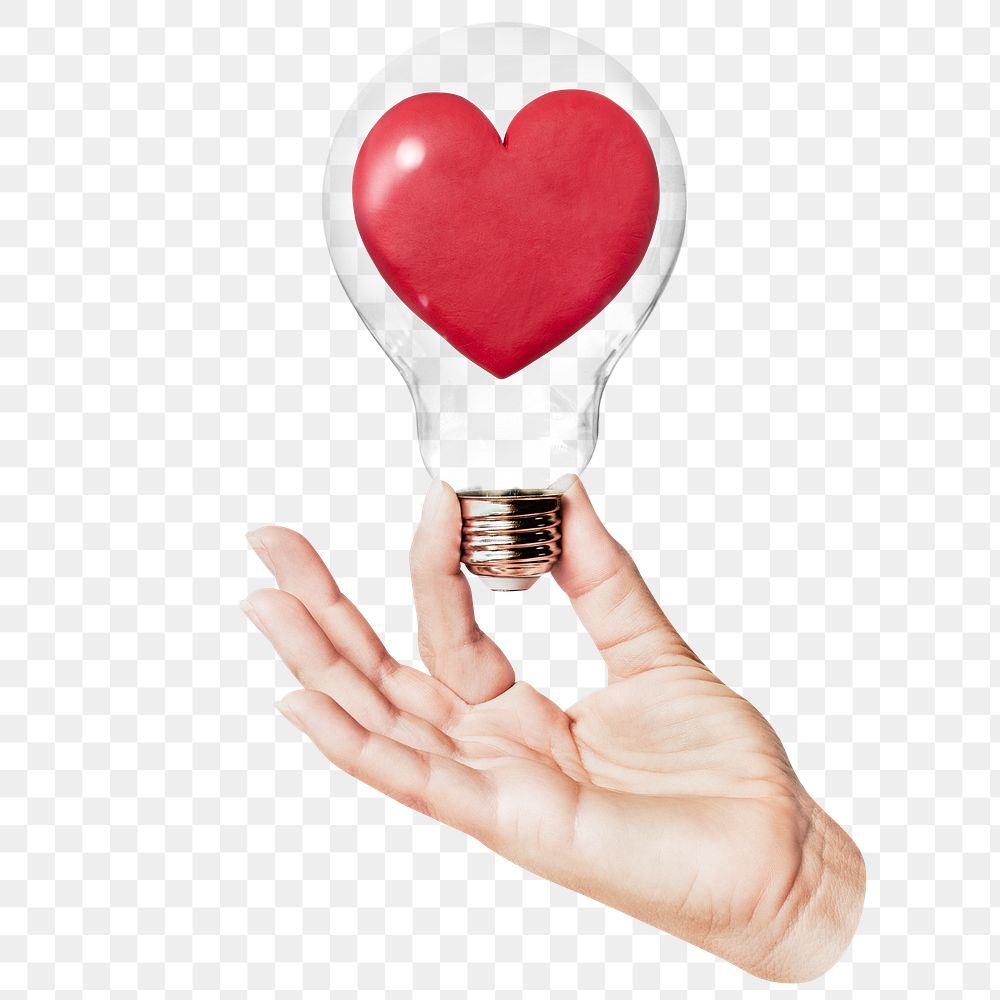 Red heart png sticker, hand holding light bulb in love, health & wellness concept, transparent background