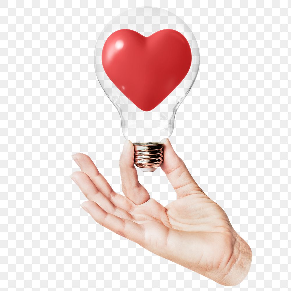 Red heart png sticker, hand holding light bulb in love, health & wellness concept, transparent background
