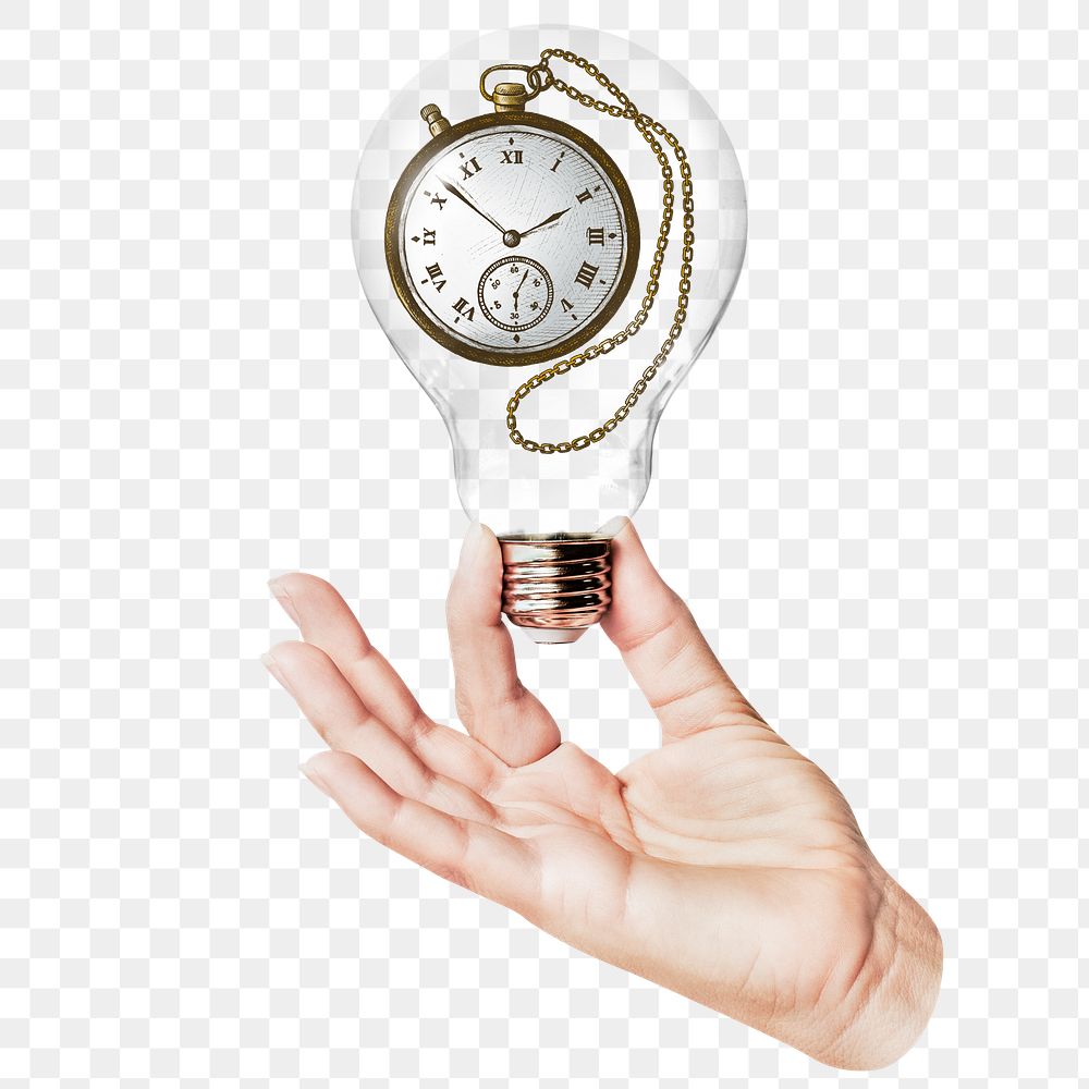 Pocket watch png sticker, hand holding light bulb in time and punctuality concept, transparent background