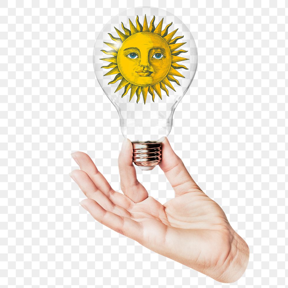 Celestial sun png sticker, hand holding light bulb in whimsical art concept, transparent background