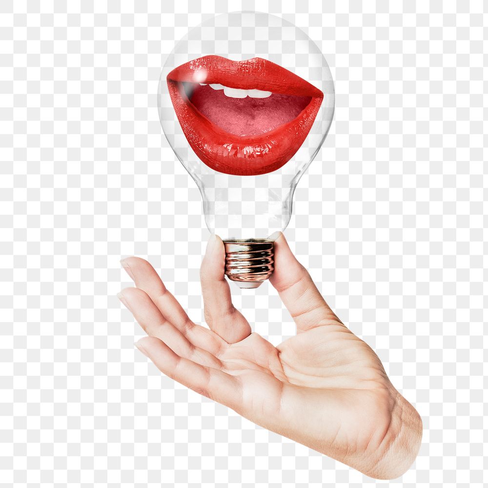 Woman's red lips png sticker, hand holding light bulb in gossip concept, transparent background