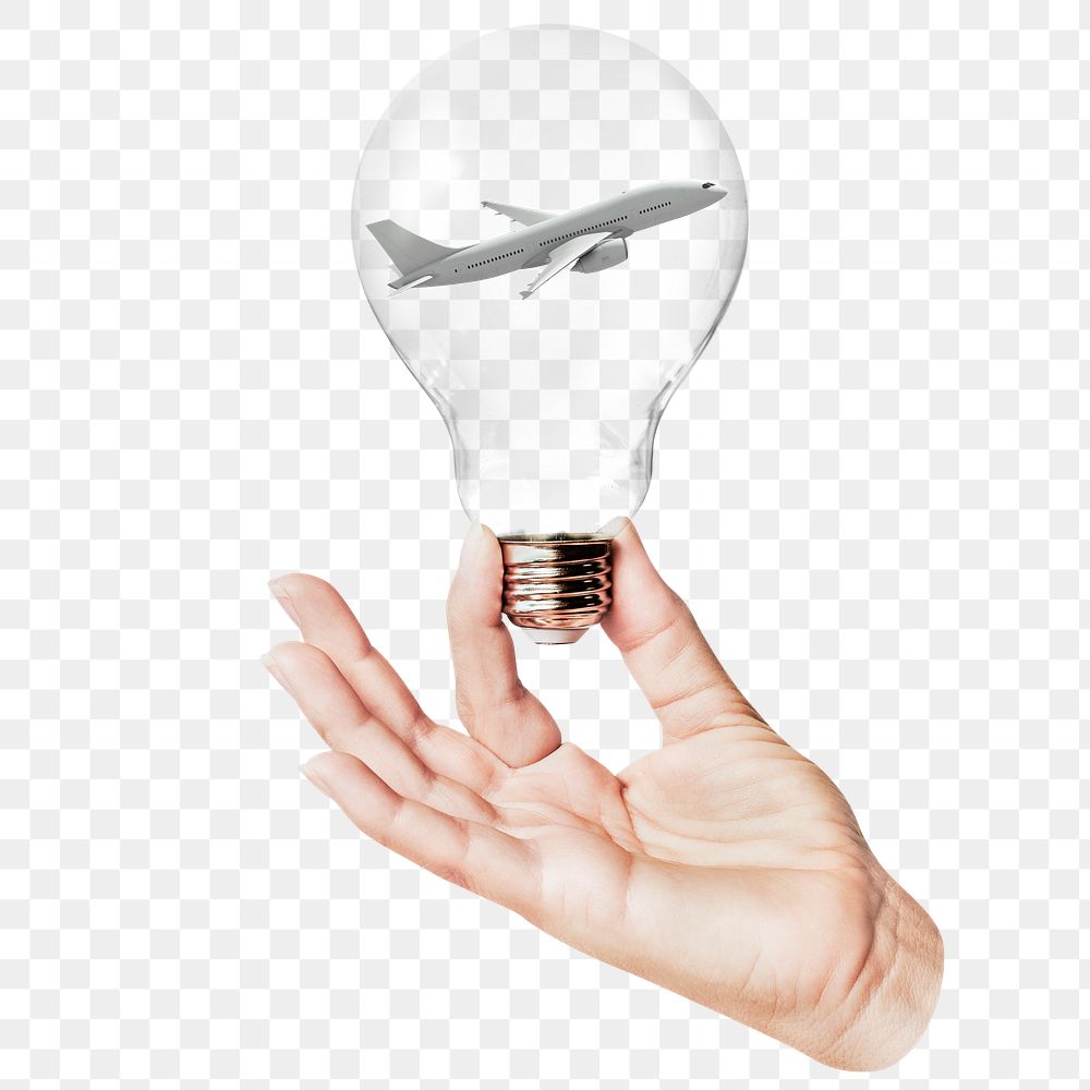 Flying airplane png sticker, hand holding light bulb in travel, transportation, aviation concept, transparent background