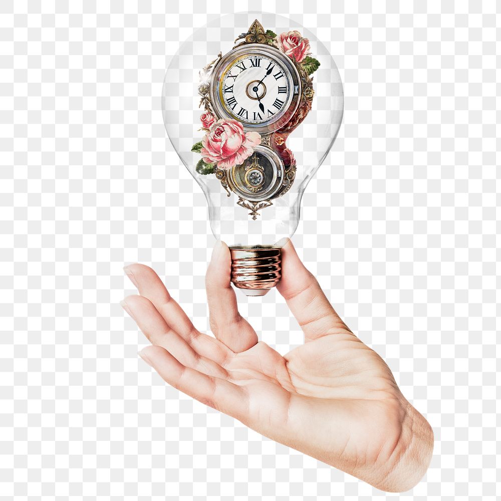 Floral pocket watch png sticker, hand holding light bulb in time concept, transparent background