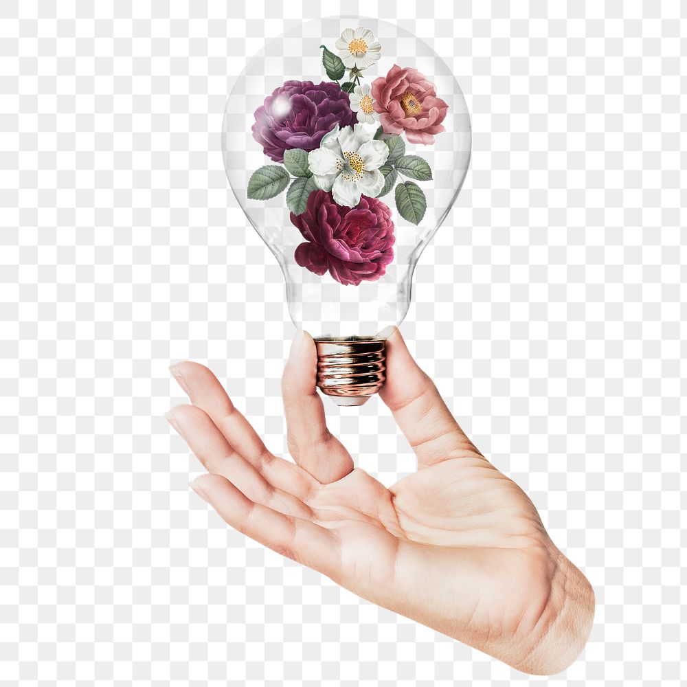 Wild flowers png sticker, hand holding light bulb in Spring concept, transparent background