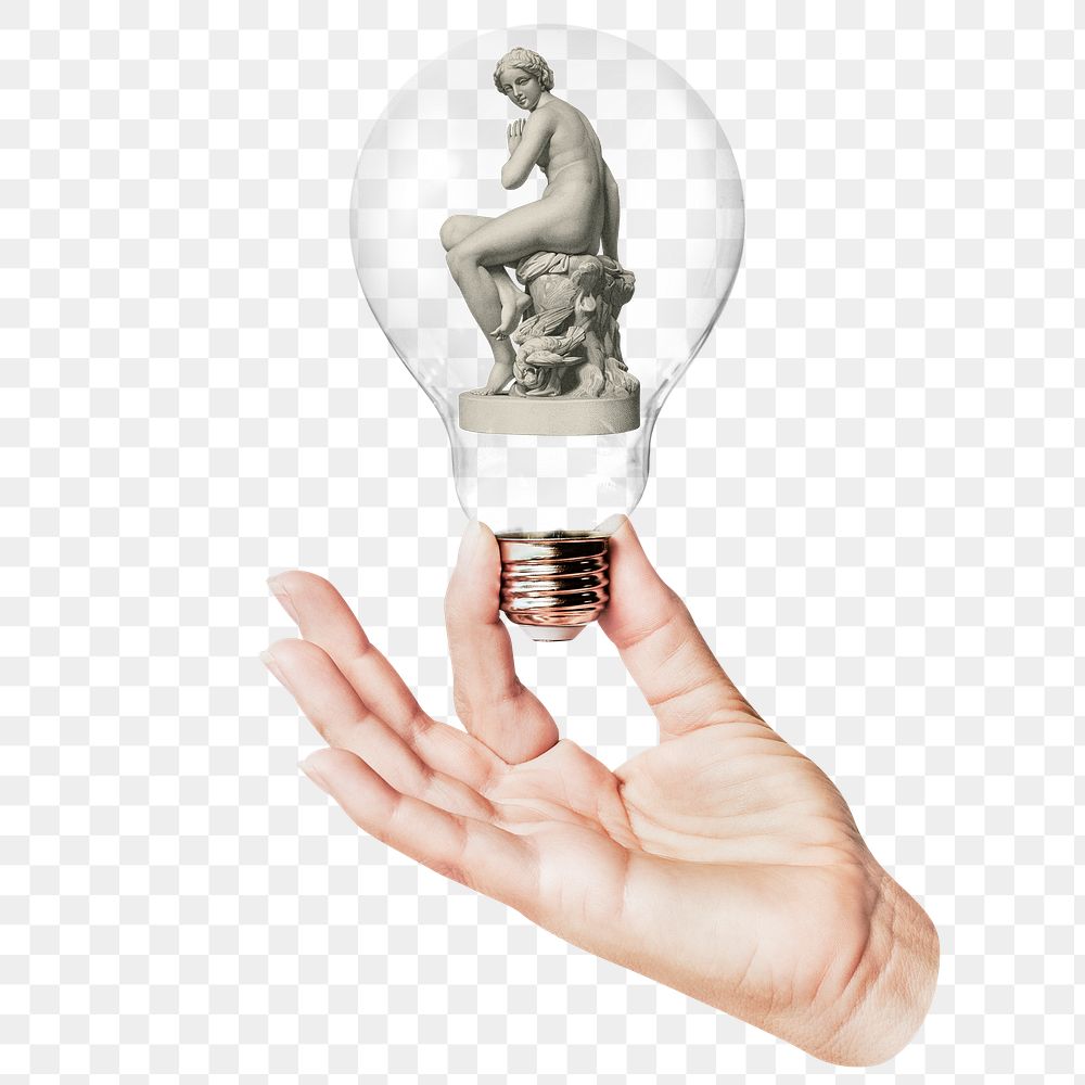 Surprised Nymph png sticker, hand holding light bulb in Greek mythology concept, transparent background