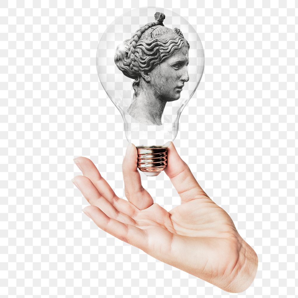 Greek goddess png statue sticker, hand holding light bulb in mythology concept, transparent background
