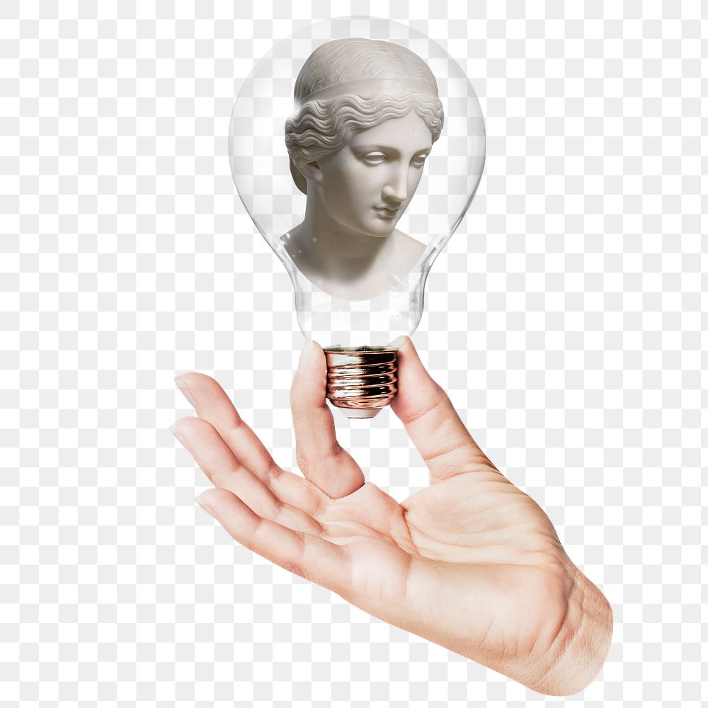 Greek goddess  png statue sticker, hand holding light bulb in mythology concept, transparent background