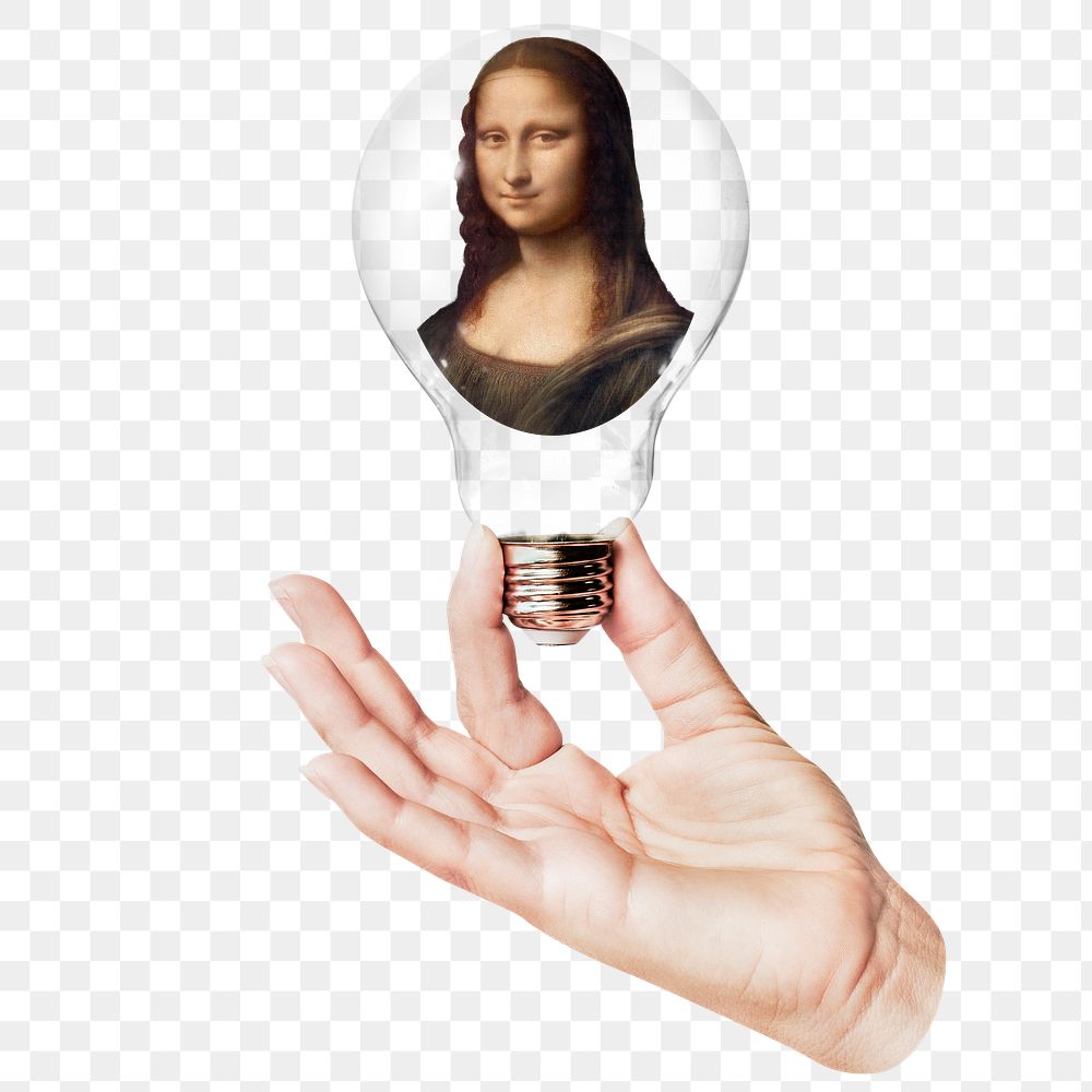 Mona Lisa png sticker, hand holding light bulb with Leonardo da Vinci's famous painting, transparent background, remixed by…