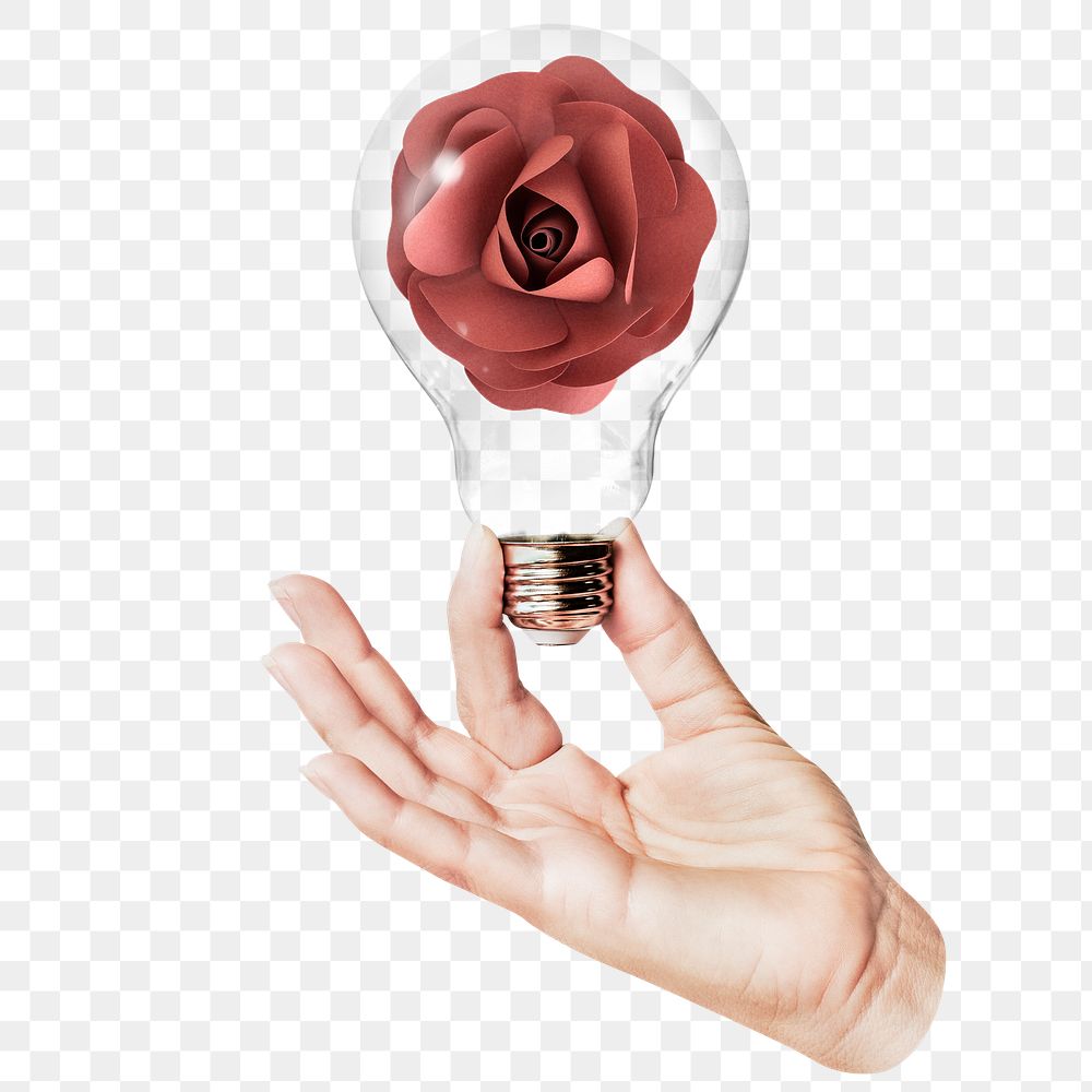 Paper rose png flower sticker, hand holding light bulb in Valentine's concept, transparent background