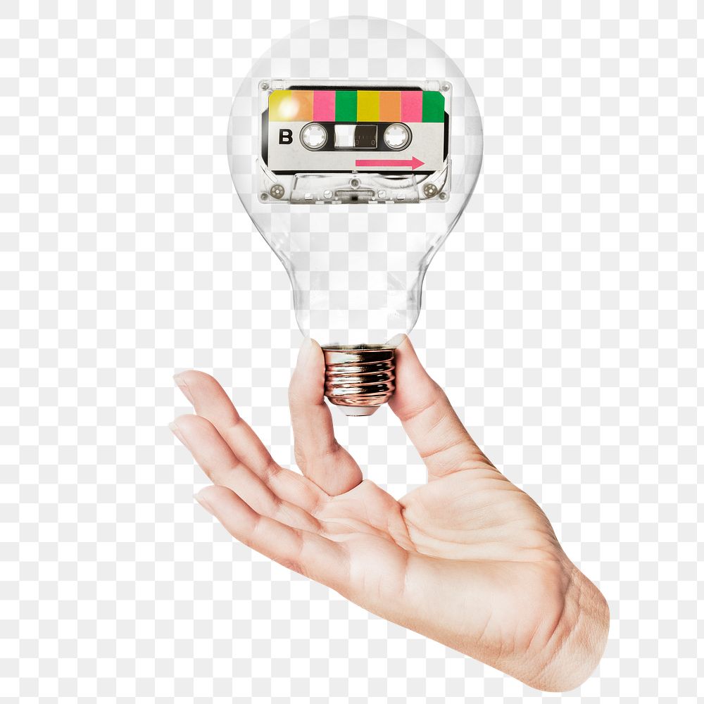 Cassette tape png sticker, hand holding light bulb in retro music concept, transparent background