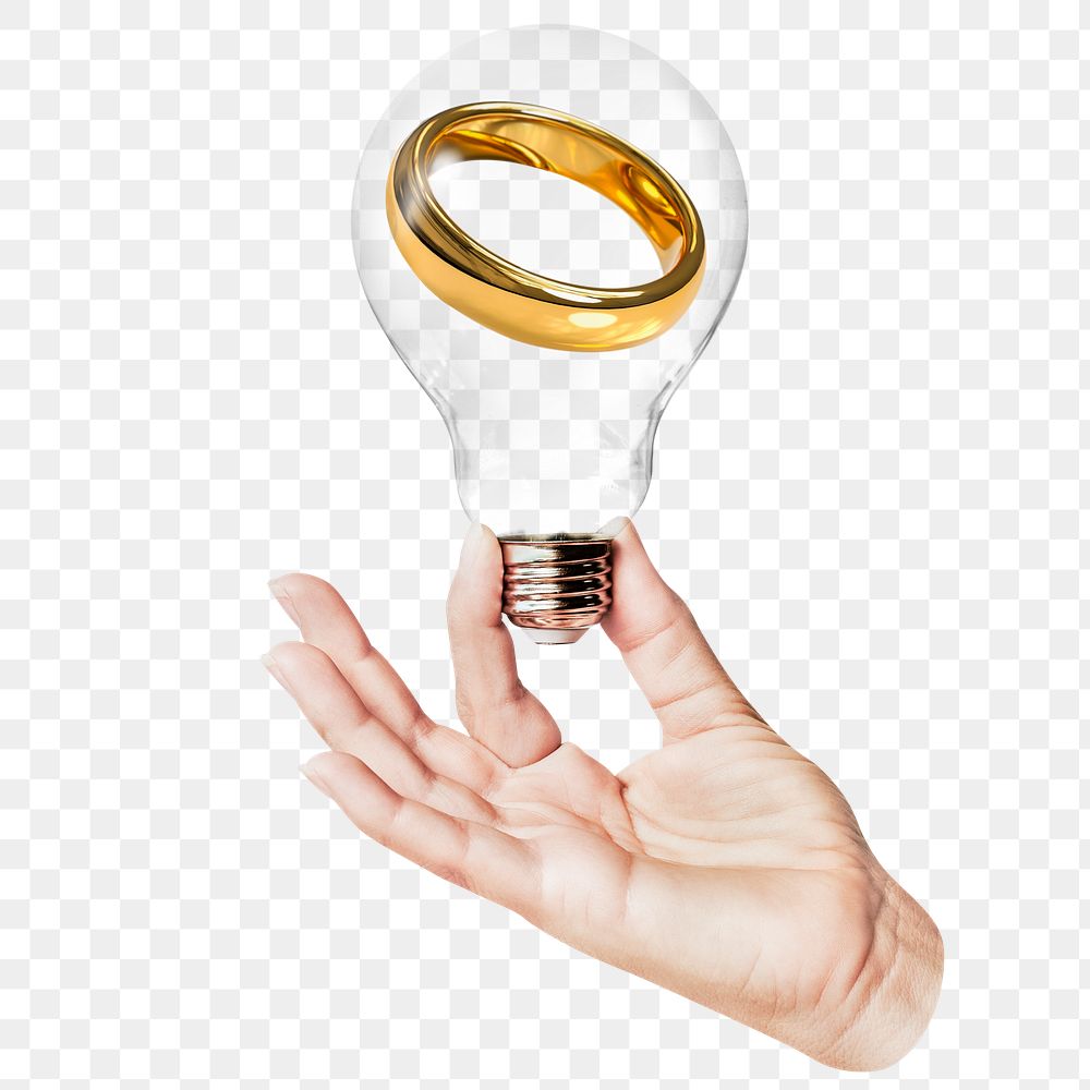 Wedding ring png sticker, hand holding light bulb in marriage concept, transparent background