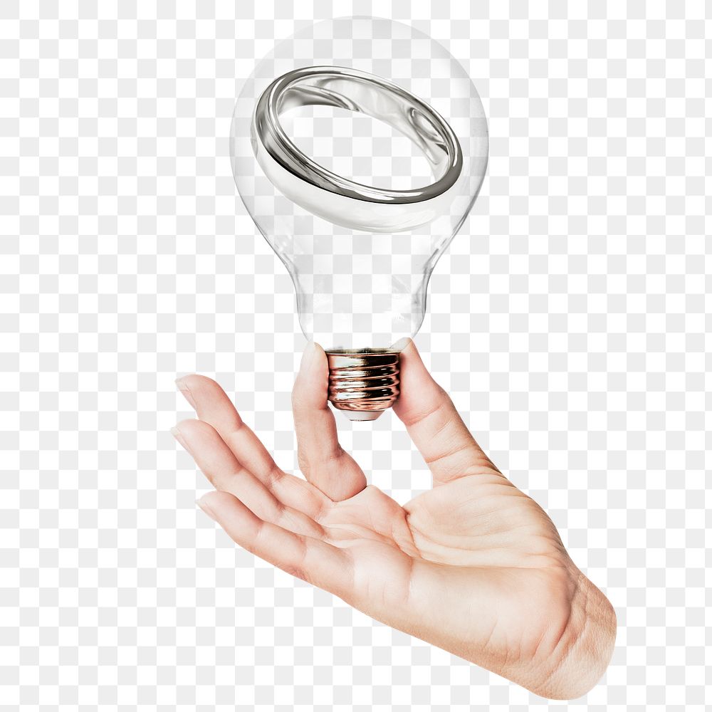 Wedding ring png sticker, hand holding light bulb in marriage concept, transparent background